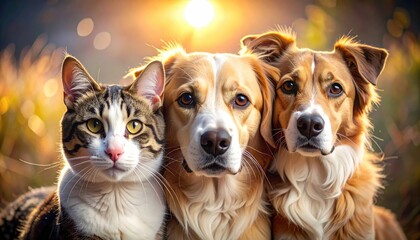 Charming Cat with Two Dogs Portrait Warm Bokeh Background Close Up Shot Cute Pet Trio Togetherness Friendship Sunlight Sparkles