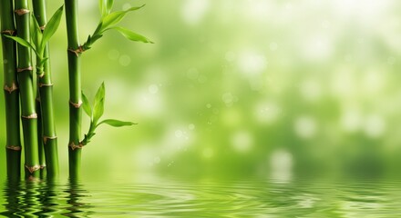Bamboo Serenity Green Stalks Reflect in Gentle Water with a Tranquil Scene.