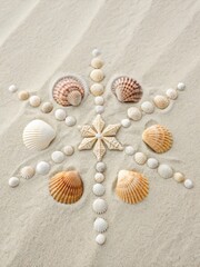 Decorative Shell Arrangement on Soft Sandy Beach Background