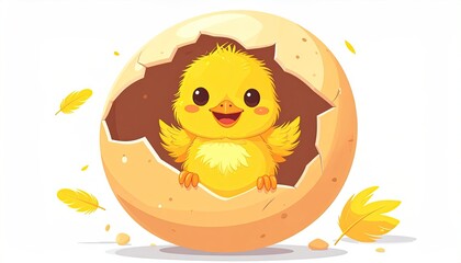 Cheerful Yellow Chick Hatching From Beige Eggshell in Cartoon Vector Style