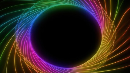 A dark space is encircled by vibrant, neon-like, colorful lines in a spiral, creating a glowing effect