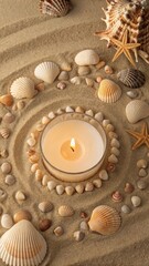 Tranquil Candle Arrangement with Seashells on Sandy Background