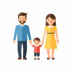 Happy cartoon family illustration featuring a father, mother, and their young child holding hands, standing together.
