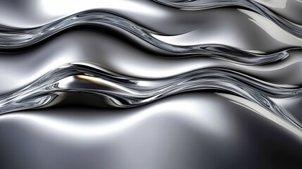Dynamic Silver Metal Waves with Fluid Chromic Effect, Glossy Surface and Smooth Flowing Texture
