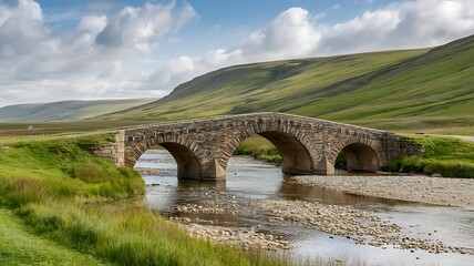 Ancient stone bridge spanning a gentle river in a lush green countryside landscape