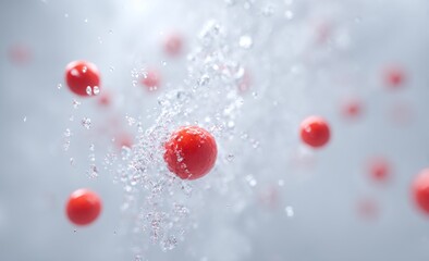 Red spheres suspended mid-air amidst splashing water, blurred background