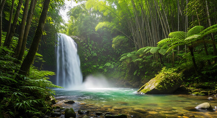 Beautiful natural landscape of a green forest waterfall in Thailand with water flowing over rocks and stones in a fresh river stream