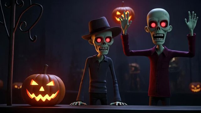 Halloween Animation with Undead and Jack-o'-lanterns - A cinematic Halloween animation features two cartoon zombies with glowing red eyes and jack-o'-lanterns.