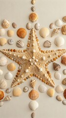 Decorative Arrangement of Starfish and Seashells on Beige Background