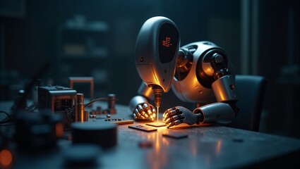 Fototapeta premium Android robot repairing circuit board under warm workshop light