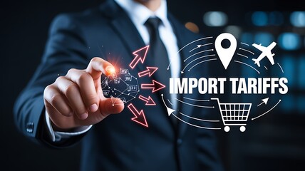 Global business import tariffs concept with transport shopping and logistics digital icons 
