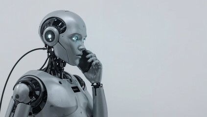Futuristic android talking on smartphone in minimal white space