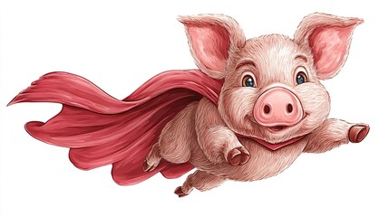 Animated, smiling pink pig, sporting a red cape, flying through air with big eyes, cartoon style
