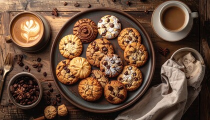 Chocolate Chip Cookies Assortment on Rustic Plate with Coffee Cups and Beans Overhead View Dark Wood Background