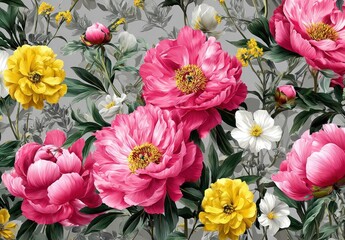 A vibrant floral arrangement showcasing large pink and yellow blooms against a gray backdrop