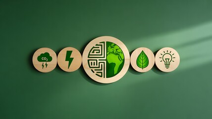 Sustainable development and green energy concept with eco icons and earth symbol on green background
