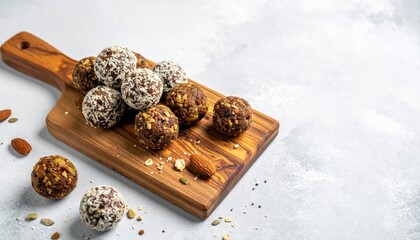 Chocolate Energy Balls on Wooden Board Against Gray Background Overhead Shot