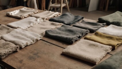 Colorful fabric swatches displayed on a wooden table in a studio