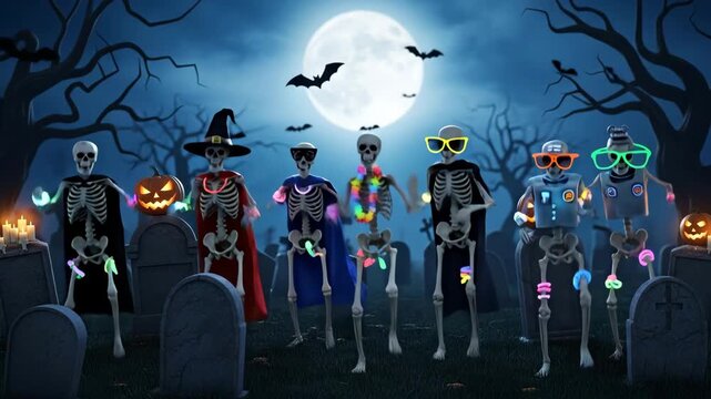 Halloween Skeletons Dancing at Cemetery - A group of funny skeletons in capes and accessories are dancing in a cemetery. The scene is set at night under a full moon with bats flying around.