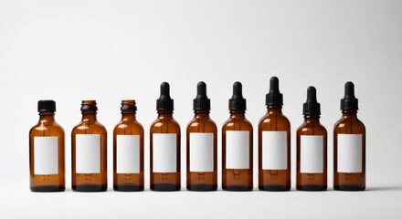 Row of amber glass dropper bottles with blank labels against white