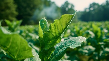 Obraz premium A sunlit tobacco field focusing on a single plant's leaves with morning dew.
