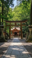 Wooden torii with shrine under forest canopy
