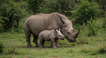 Obraz premium Majestic rhinoceros in natural habitat, symbol of strength and endangered wildlife, perfect for safari, nature, and conservation themes.