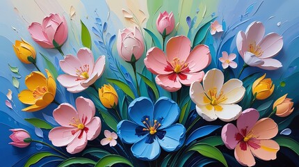 Bold spring flowers in abstract, colorful impasto on rough canvas. Dynamic, textured, with visible brushstrokes. Pink, yellow, orange, and purple palette. Copyspace.