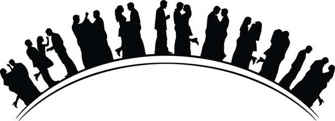 Silhouetted couples in romantic poses on curved arc, symbolizing love, unity, connection, relationship, intimacy, affection, harmony, togetherness, passion