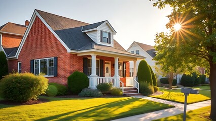 Charming suburban house with red brick facade and white trim bathed in morning sunlight.