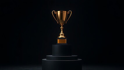 Golden trophy displayed elegantly on a pedestal against a dark backdrop.