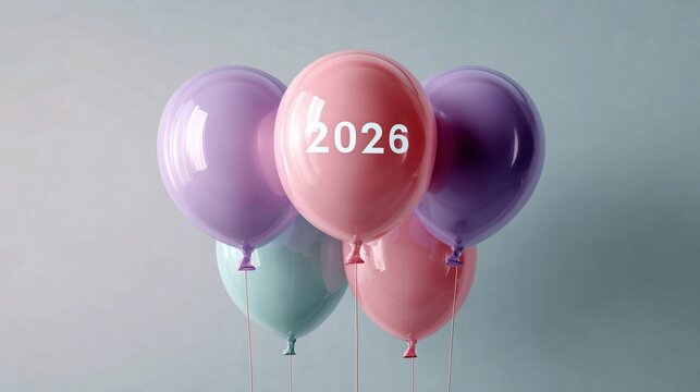 Group of glossy pastel balloons with number 2026 floating against gray background.