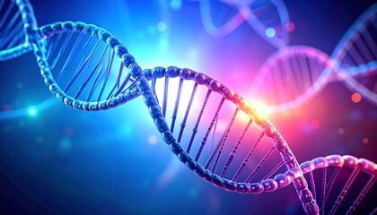 3D Render of Double Helix DNA Strands with Glowing Light Effects