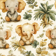 Seamless watercolor pattern featuring adorable baby elephants surrounded by tropical plants and jungle leaves. Adorable watercolor elephants with greenery and tropical foliage