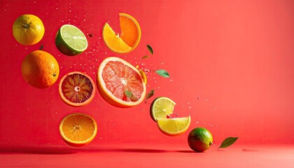 Citrus Fruit Slices in Mid Air Against Red Background Dynamic Composition