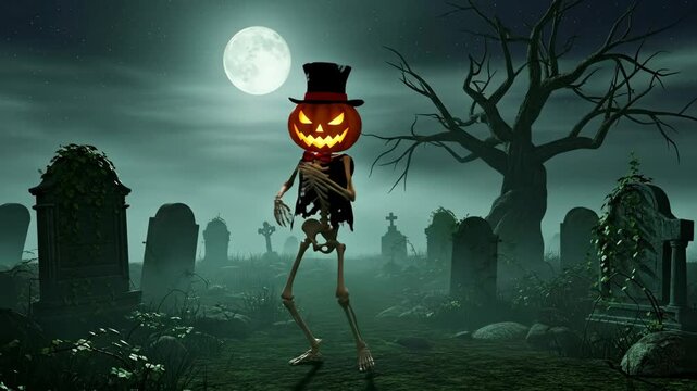 Spooky Skeleton with Pumpkin Head Dances in Moonlight - A spooky skeleton with a pumpkin head is dancing in a graveyard under a full moon.