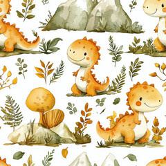 Seamless watercolor pattern with adorable dinosaurs, eggs, tropical leaves and mountains. Hand painted illustration perfect for children’s textiles, nursery wallpapers, baby shower designs and wrappin