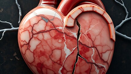 A marble-sculpted human heart cross-section with a glossy, fatty texture encroaching on one side.