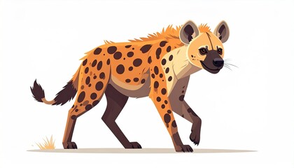Cartoon Hyena Illustration with Tan Fur and Brown Spots Walking on White Background