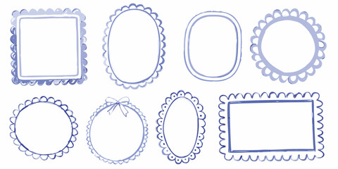 Collection of hand drawn blue decorative frames and borders with scalloped edges and a bow embellishment
