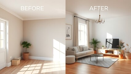 Interior renovation progress comparison, showing a simple room transformation with ambient lighting.