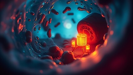 Microscopic dreamlike view inside a cell, with mitochondria as tiny glowing power plants recharging at night.