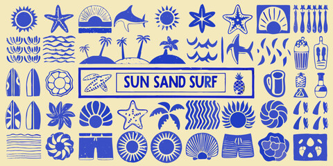 Collection of blue summer beach and ocean icons and symbols on a light yellow background © Bijon