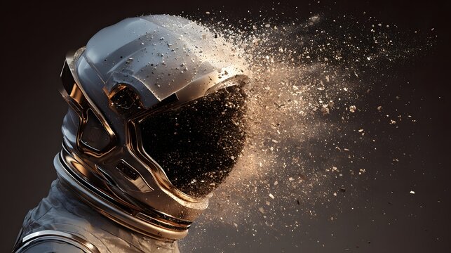 Futuristic astronaut helmet appears to disintegrate into particles against a dark, neutral background, the headgear suggesting exploration and space travel.