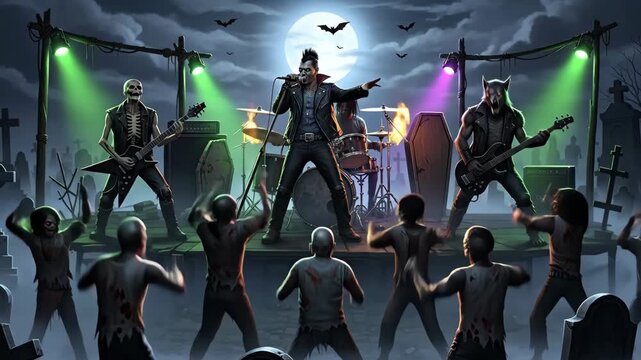 Halloween Rock Band Concert in a Cemetery - A rock band of monsters performs a concert in a cemetery under the moonlight.