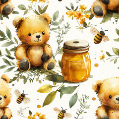Seamless watercolor pattern with cute teddy bears, bees, honey jars, flowers and green leaves. Perfect for nursery decor, children’s textiles, wallpapers, baby shower invitations and wrapping paper.
