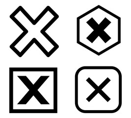 set of cross icons vector. X Symbol in Circle, Square, Hexagon Shapes, Wrong Cancel Button, Close Error Icon, Minimalist Black Silhouette Vector, UI UX Symbols, Isolated Stock Design