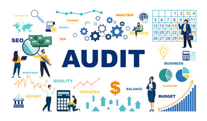 Audit is the study of records and transactions to assess their accuracy. Business people. Designing business processes and finances. Set, icons, infographics. Sign, money, dollars. Vector illustration