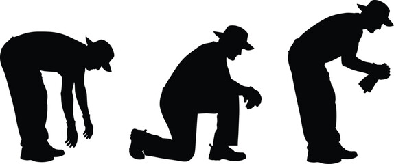 Silhouette man wearing hat in different working postures bending kneeling inspecting object vector illustration isolated black figure design