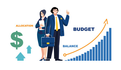Business. Team work. Businessman and female accountant worker discuss budget for investment growth financing. Dollar, banner, poster, audit, people, bank prosperity, profitability. Vector illustration